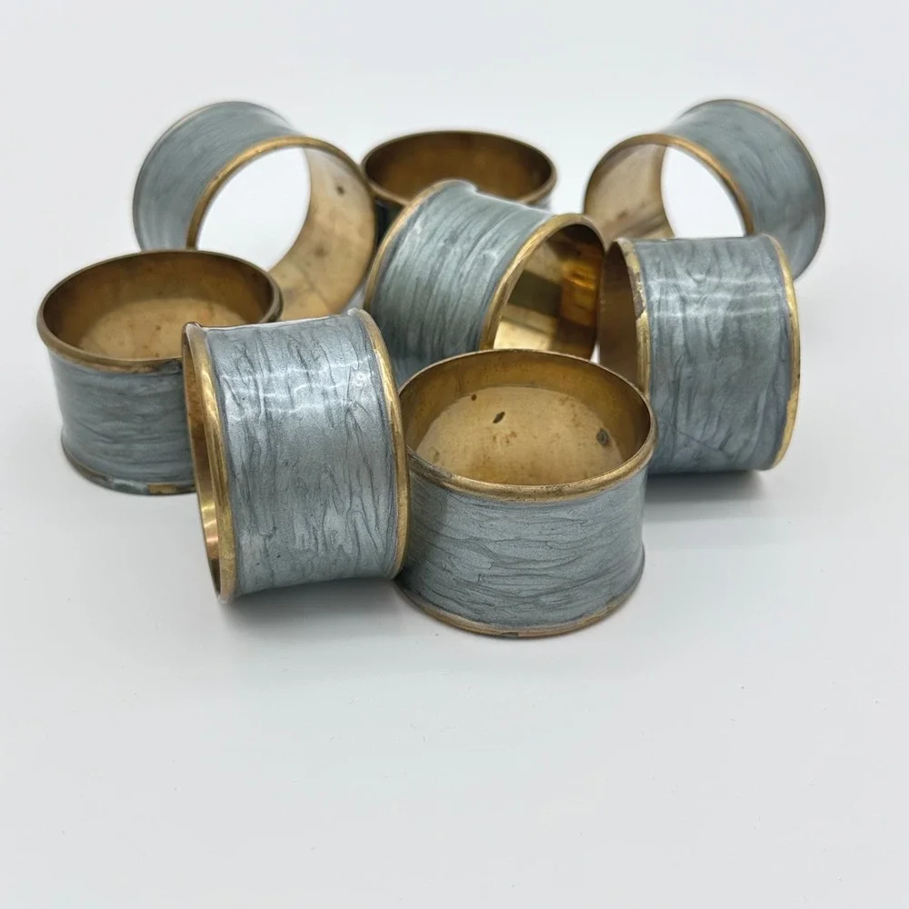 Vintage Napkin Rings Set of 8 Gray Enamel Brass Faux Pearlized Marbled